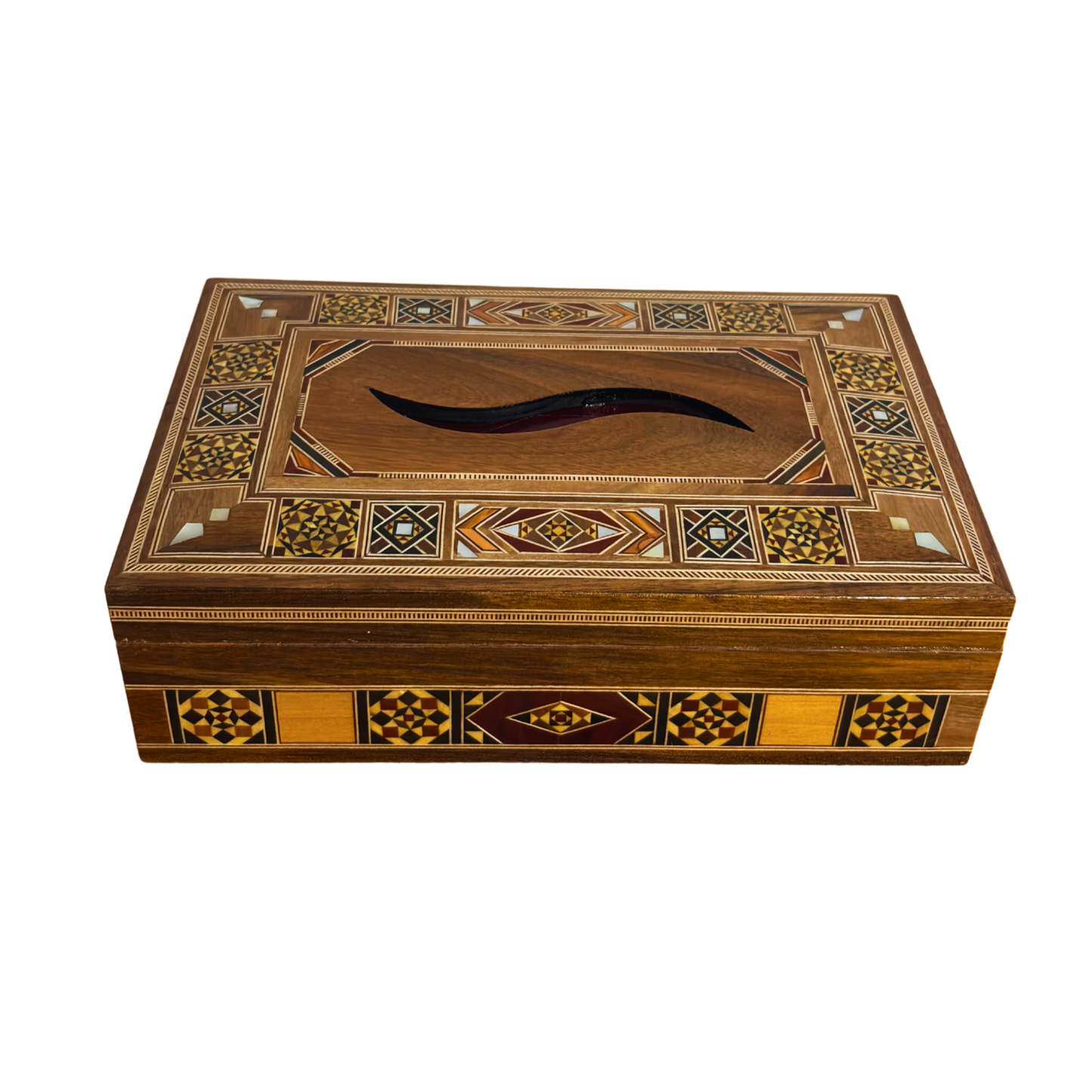 Elegant Damascene Mosaic Wooden Tissue Box – Mother of Pearl Inlay & Velvet Interior