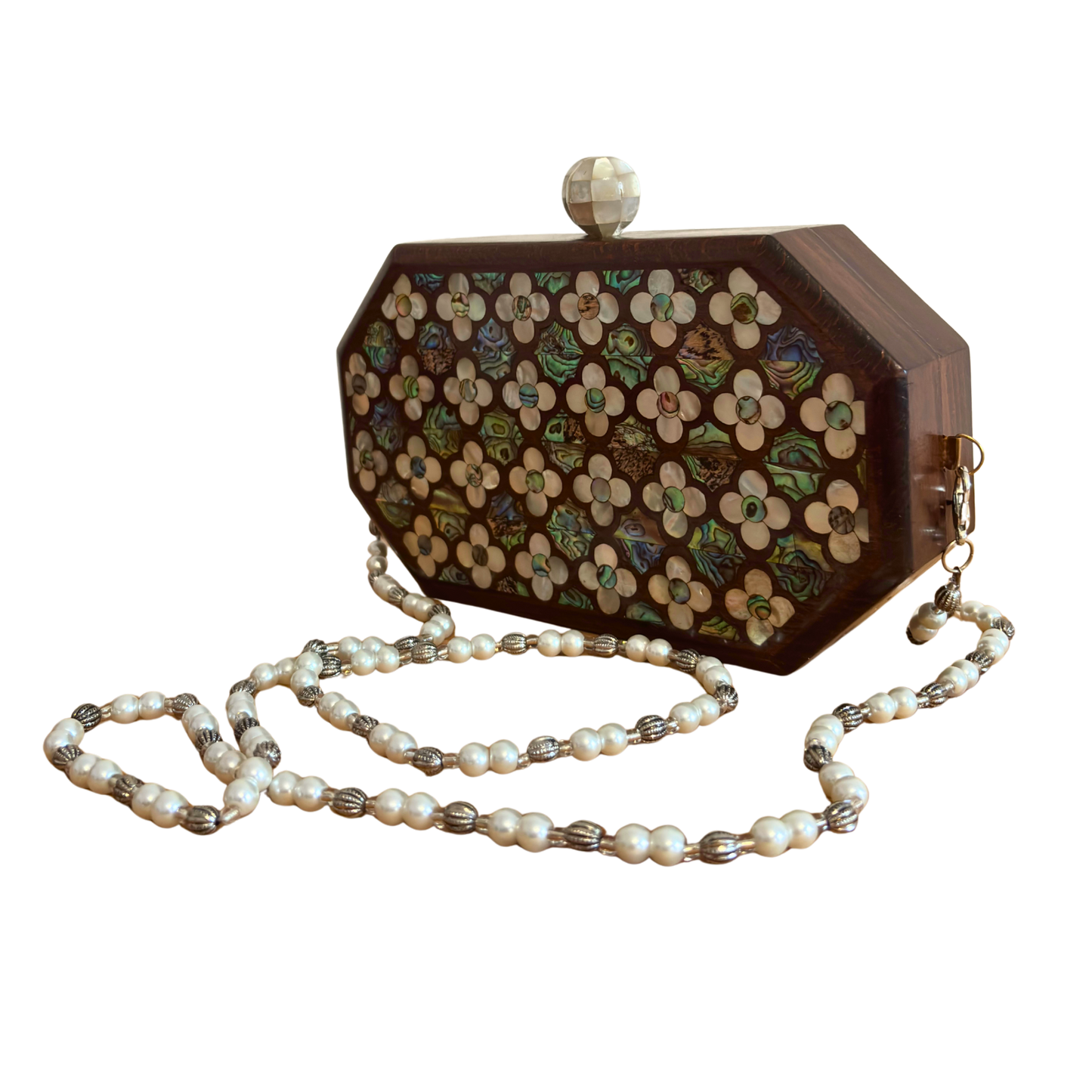 Jouri – Luxury Damascene Clutch with Mother of Pearl Rose Inlay & Pearl Rosary Chain
