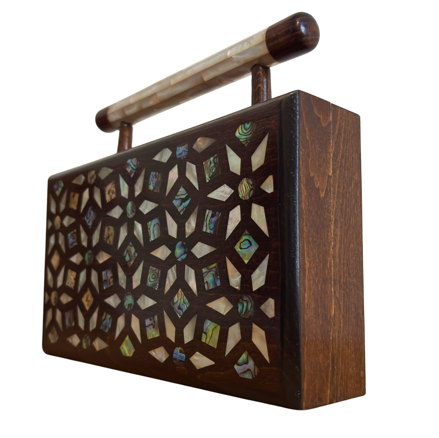 Zenobia – Luxury Damascene Walnut Clutch with Geometric & Botanical Mother of Pearl Inlay