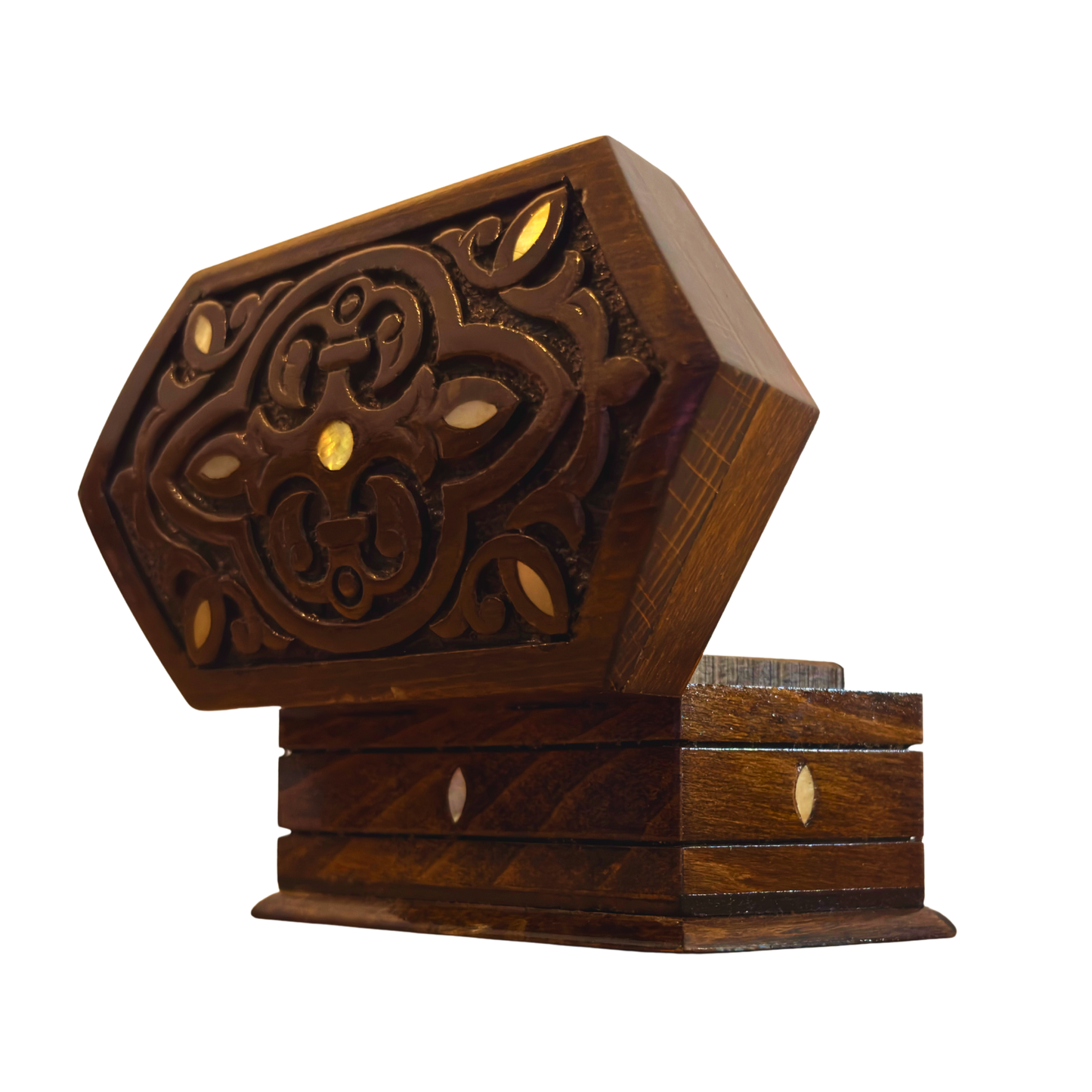 Boîte en Hêtre Sculptée à la Main – Nacre & Velours, Design Oriental Intemporel