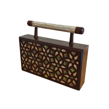 The Garden of Secrets – Handcrafted Damascene Walnut Clutch with Geometric & Botanical Mother of Pearl Inlay