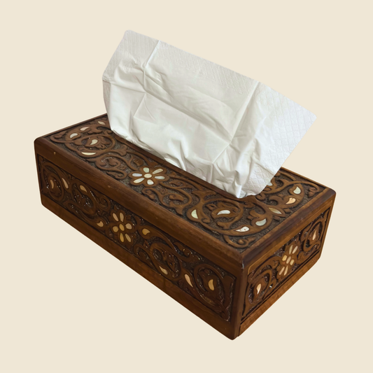 Hand-Carved Beechwood Tissue Box with Mother of Pearl Inlay – Walnut Finish Elegance