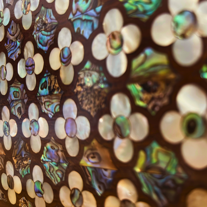 Jouri – Luxury Damascene Clutch with Mother of Pearl Rose Inlay & Pearl Rosary Chain