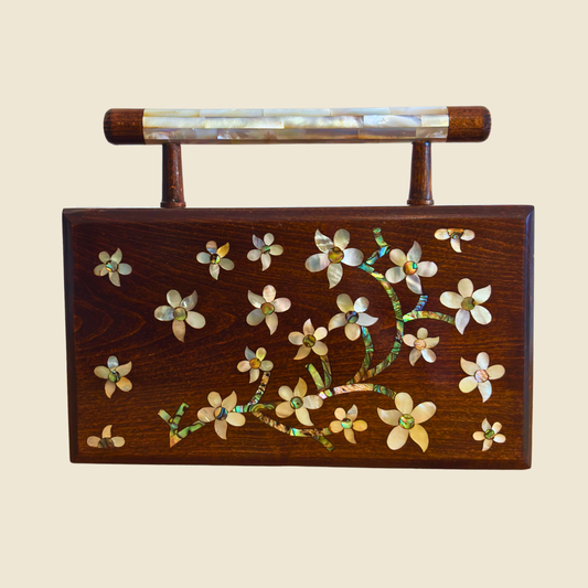 Zenobia – Luxury Damascene Walnut Clutch with Geometric & Botanical Mother of Pearl Inlay