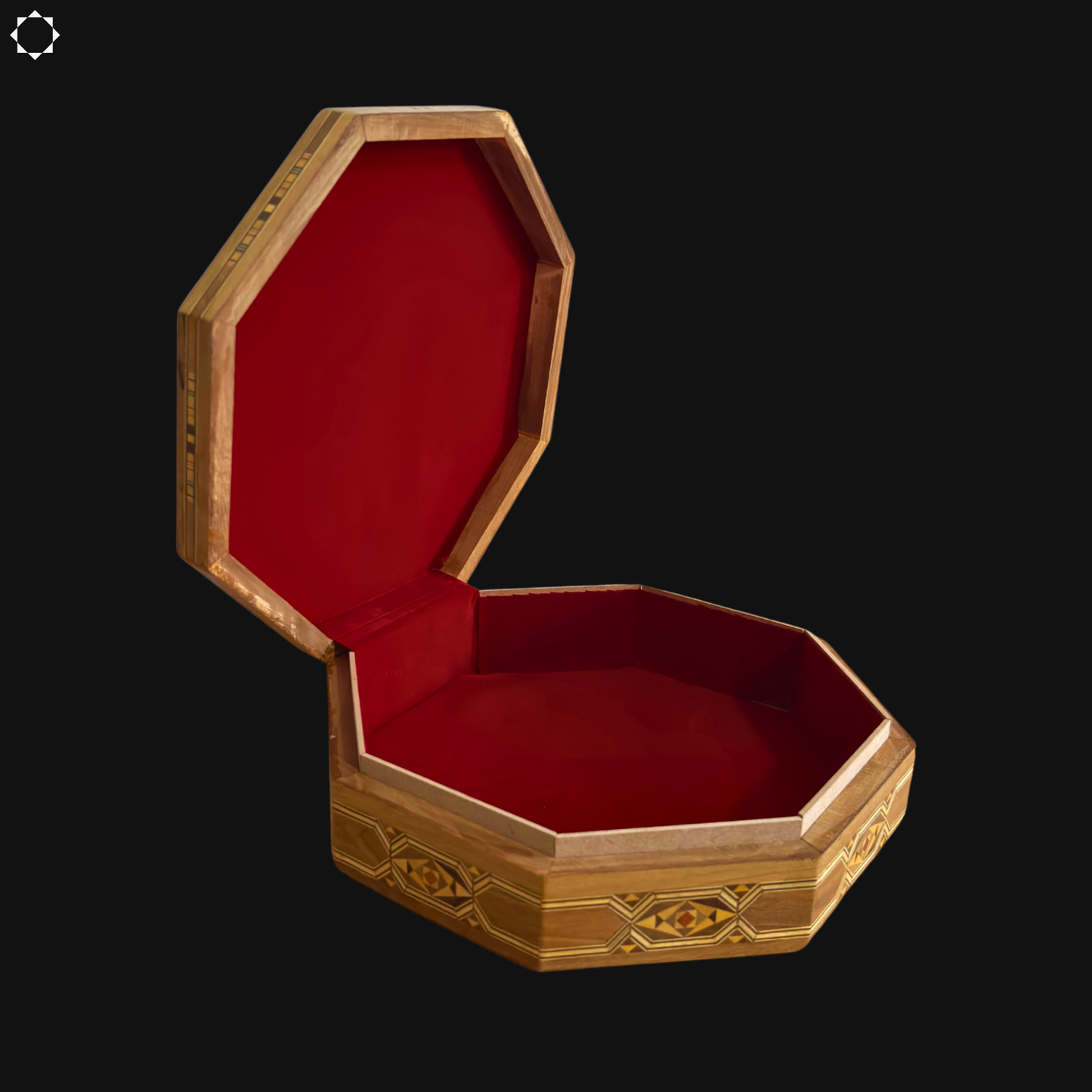 Damast Mozaïek Doos – Handgemaakt Hout met Wijnrode Fluwelen Binnenkant