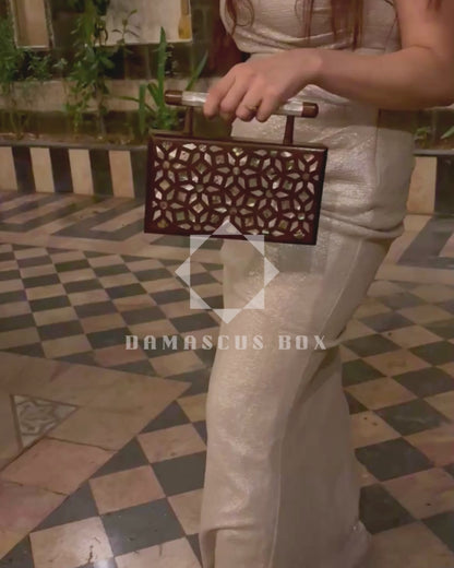 Zenobia – Luxury Damascene Walnut Clutch with Geometric & Botanical Mother of Pearl Inlay